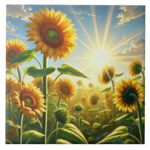 Golden Embrace Sunflower Ceramic Tile