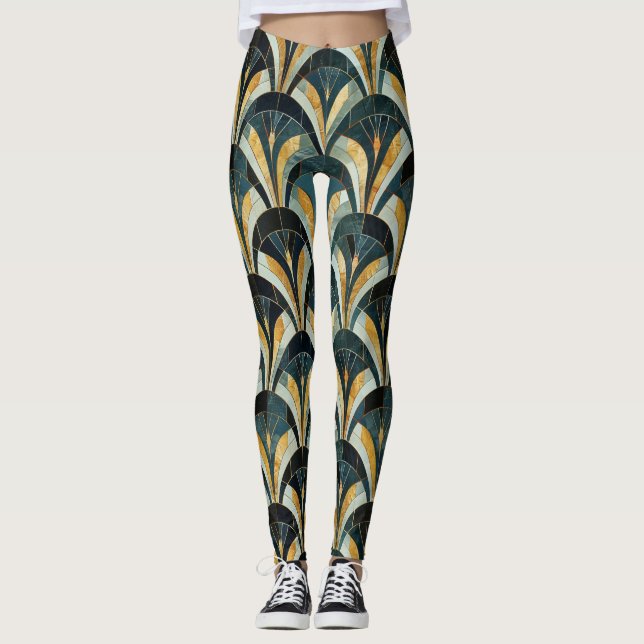 Golden Emerald Art Deco Fan Patterned Leggings (Front)