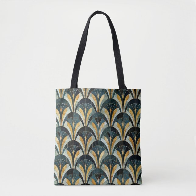 Golden Emerald Art Deco Fan Patterned Tote Bag (Front)