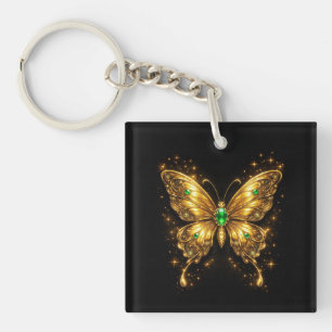 Golden Emerald Crystal Butterfly Key Ring