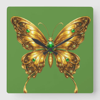 Golden Emerald Crystal Butterfly Square Wall Clock