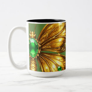 Golden Emerald Crystal Butterfly Two-Tone Coffee Mug