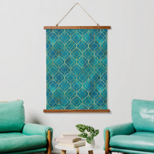 Golden Emerald Geometry Hanging Tapestry