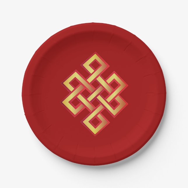 Golden endless knot on burgundy red paper plate (Front)