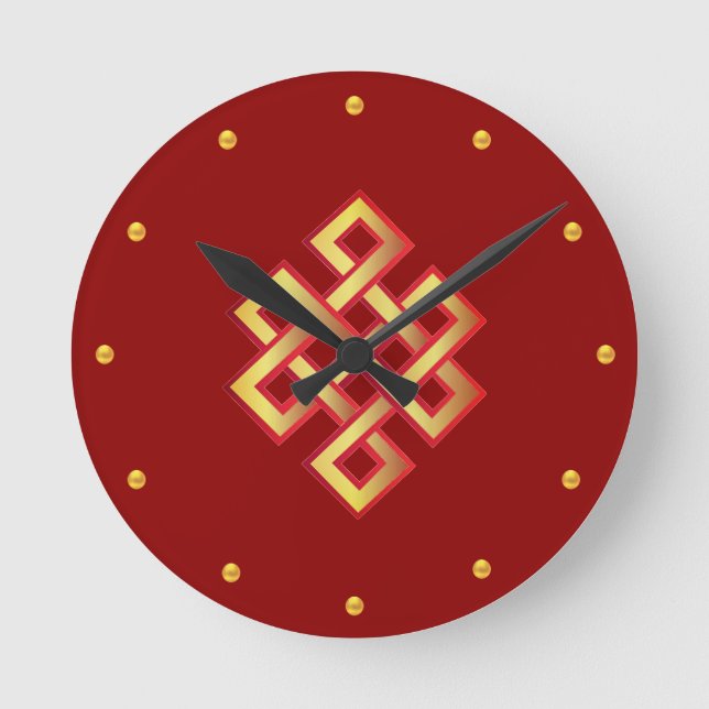 Golden endless knot on maroon round clock (Front)