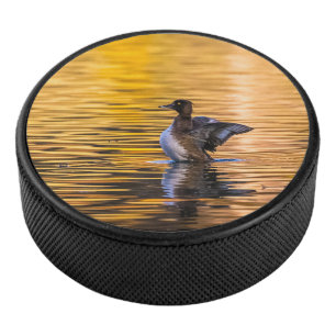 Golden eye on a golden lake hockey puck