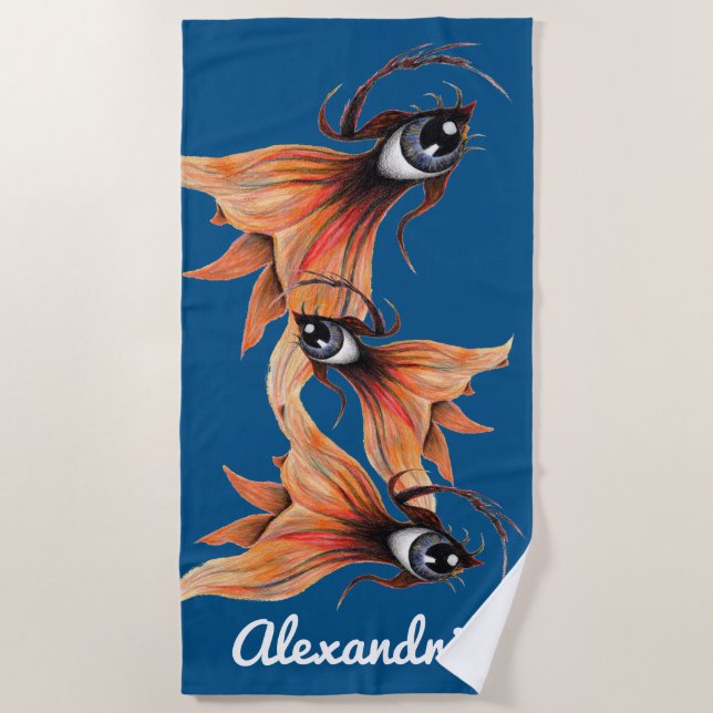 Golden Eye Surreal Goldfish Fantasy Art Any Colour Beach Towel (Front)