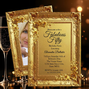 Golden Fabulous Elegant Birthday Photo Gold Floral Invitation