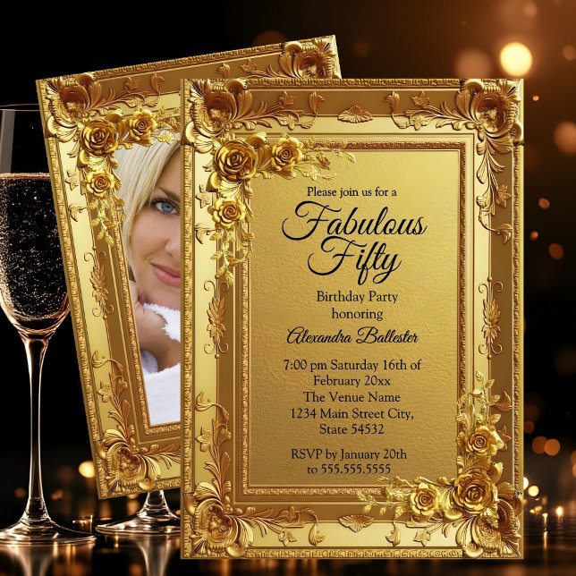 Golden Fabulous Elegant Birthday Photo Gold Floral Invitation (Creator Uploaded)