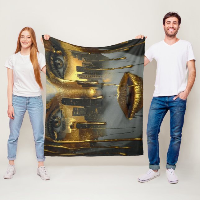 Golden Face Surrealist City Urban Digital Art Fleece Blanket (In Situ)