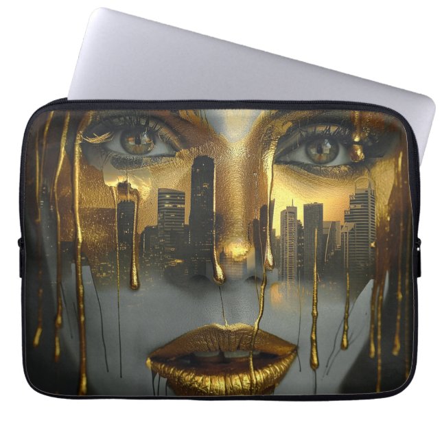 Golden Face Surrealist City Urban Digital Art Laptop Sleeve (Front)