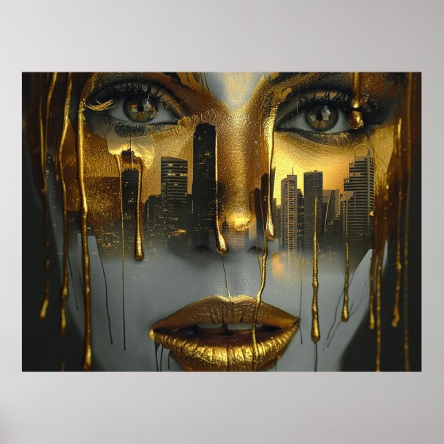 Golden Face Surrealist City Urban Digital Art Poster (Front)