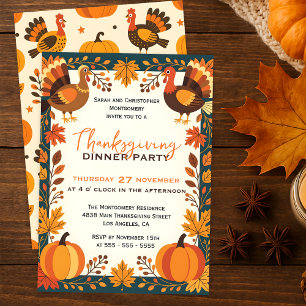 Golden Fall Leaves & Turkeys Thanksgiving Dinner  Invitation