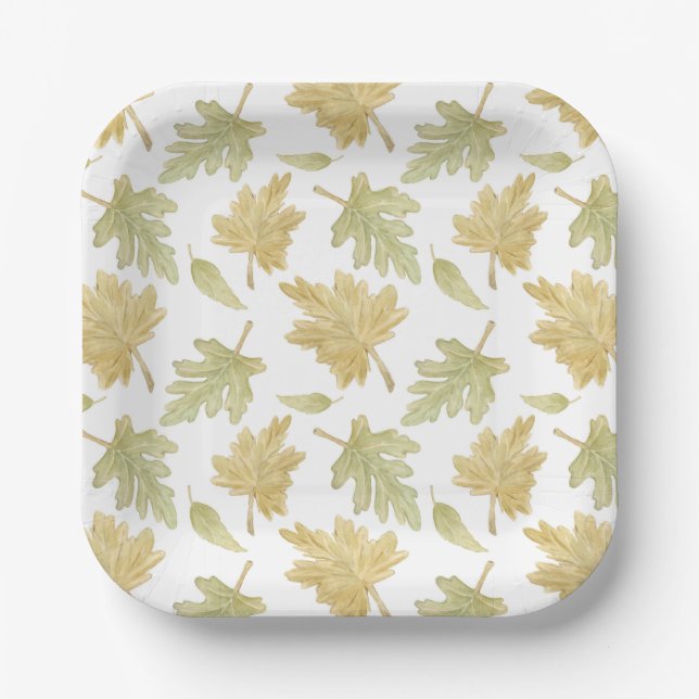 Golden Fall Watercolor Leaves Thanksgiving  Paper Plate (Front)