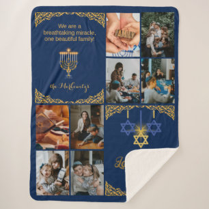 Golden Family Photo Hanukkah Miracle Navy Blue Sherpa Blanket