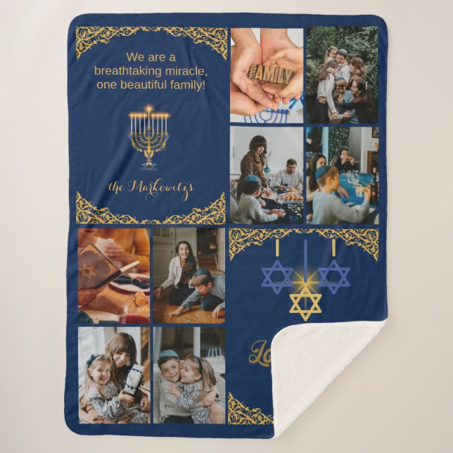 Golden Family Photo Hanukkah Miracle Navy Blue  Sherpa Blanket (Front)