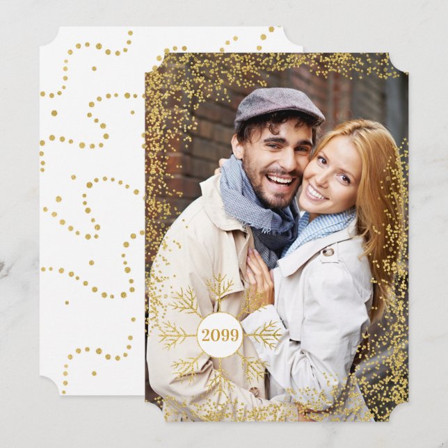 Golden Faux Glitter and Snowflake Christmas Photo  Holiday Card (Front/Back)