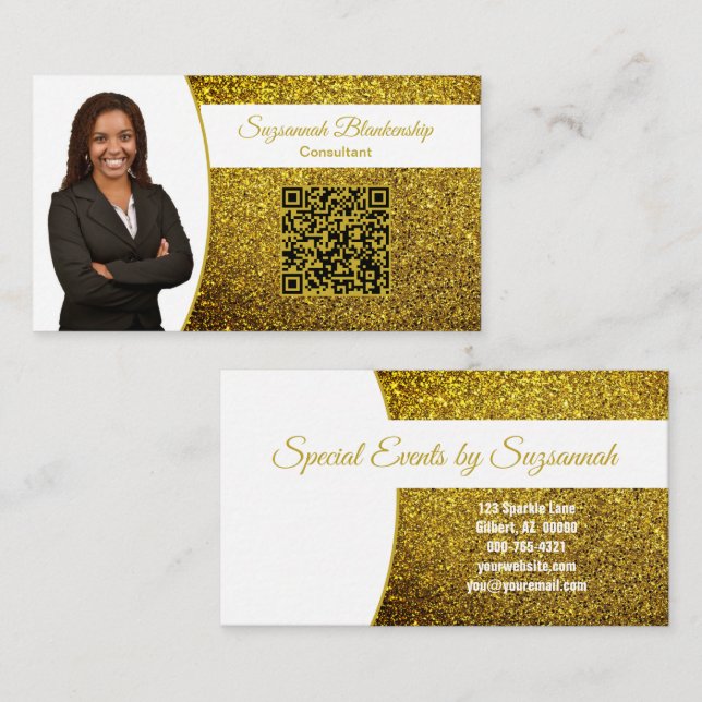 Golden Faux Glitter, Professiona Photo & QR Code Business Card (Front/Back)