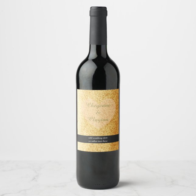 Golden Faux Glitter With Heart Wine Label (Front)