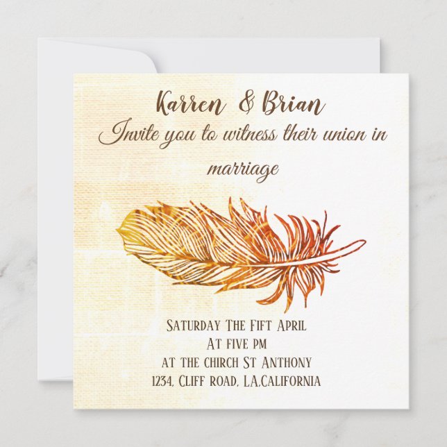 Golden Feather  Wedding  Invitation (Front)