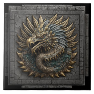 Golden Feathered Serpent Relief Effect Ceramic Tile