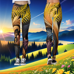 Golden Feathers Abstract Art Vibrant Dark Pattern Leggings