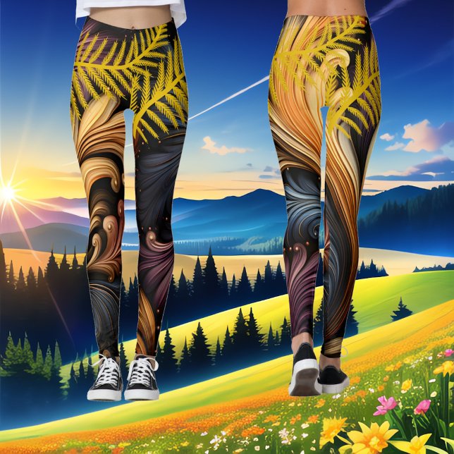 Golden Feathers Abstract Art Vibrant Dark Pattern Leggings (Golden Feathers Abstract Art Vibrant Dark Pattern Leggings)