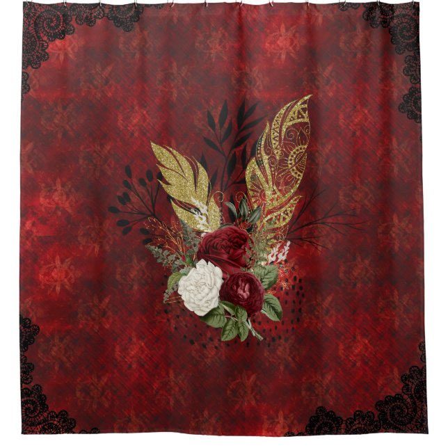 Golden Feathers and Roses Goth Inspired  Shower Curtain (Front)