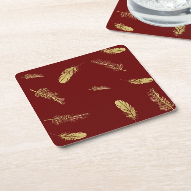 Golden Feathers Dark Red Square Paper Coaster (Angled)