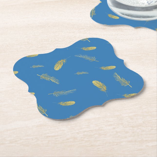 Golden Feathers French Blue  Paper Coaster (Angled)