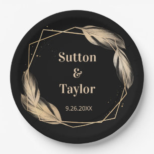 Golden Feathers on Black Rehearsal Dinner Paper Plate