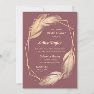 Golden Feathers on Mauve Bridal Shower Invitation