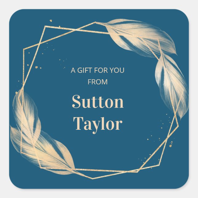 Golden Feathers on Navy Square Sticker (Front)