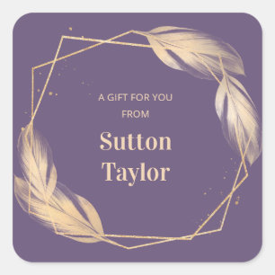 Golden Feathers on Plum Square Sticker