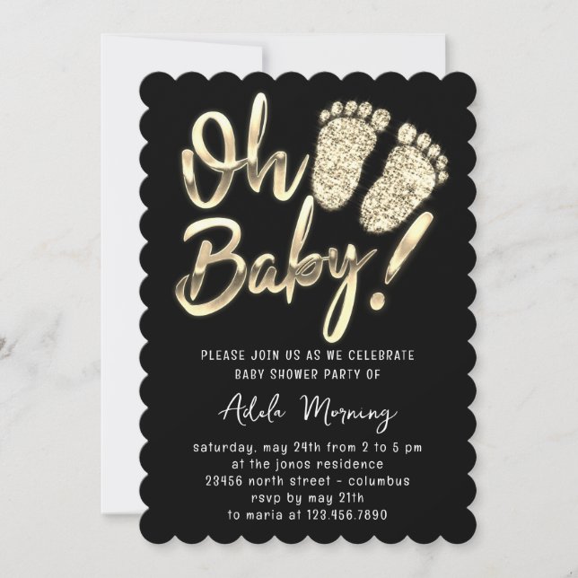 Golden Feet Baby Girl Boy Shower Black White  Invitation (Front)