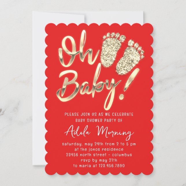 Golden Feet Baby Girl Boy Shower Red Invitation (Front)