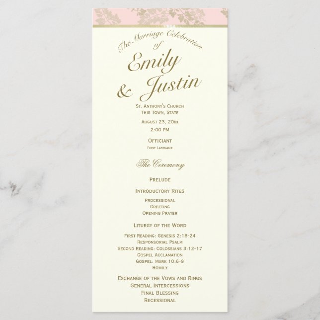 Golden Fern Blush and Ivory Wedding Program (Front)