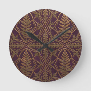 Golden Fern Ornate Geometric Purple Round Clock