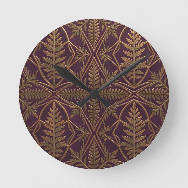 Golden Fern Ornate Geometric Purple  Round Clock (Front)
