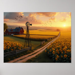 Golden Fields: Sunflowers and Serenity at Sunset Poster