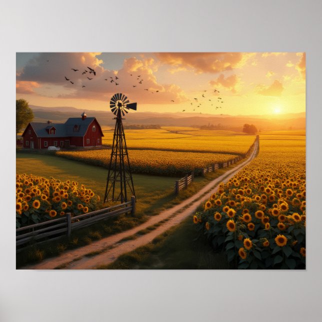 Golden Fields: Sunflowers and Serenity at Sunset Poster (Front)