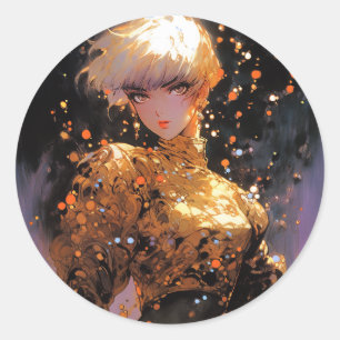 Golden Fiery Fantasy Anime Girl Classic Round Sticker