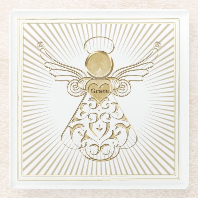 Golden Filigree Christmas Angel of Grace Glass Coaster (Front)