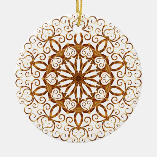 Golden filigree flake on white ceramic ornament (Front)