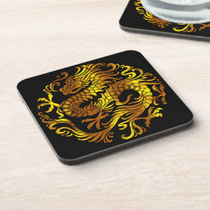 Golden Fire: A Dragon's Engraving Coaster