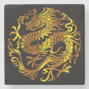Golden Fire: A Dragon's Engraving Stone Coaster
