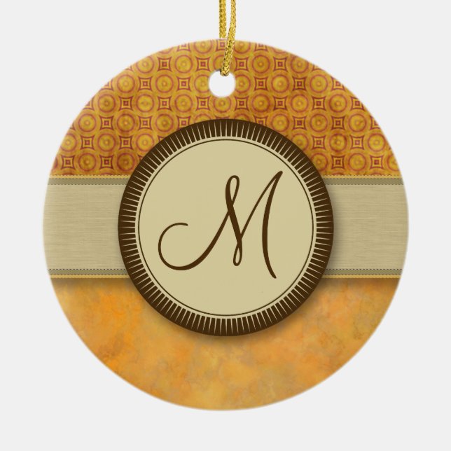 Golden Fire Coin Pattern with Monogram Ceramic Ornament (Front)