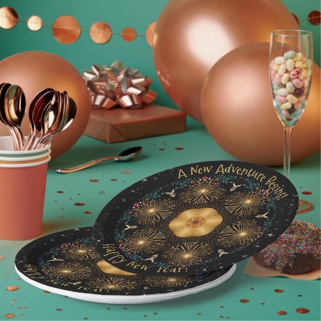 Golden Fireworks Kaleidoscope - Happy New Year Paper Plate (Multi)