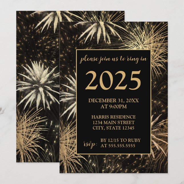 Golden Fireworks New Years Eve Party Invitation (Front/Back)