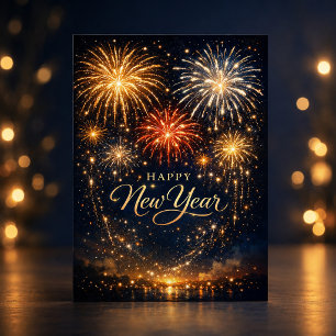 Golden Fireworks Night Sky New Year Holiday Card